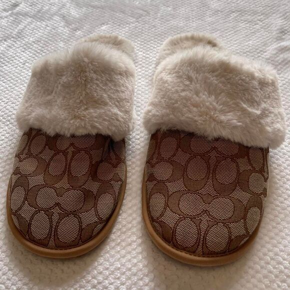 COACH FUR-LINED MONOGRAM SLIPPERS - Picture 3 of 5
